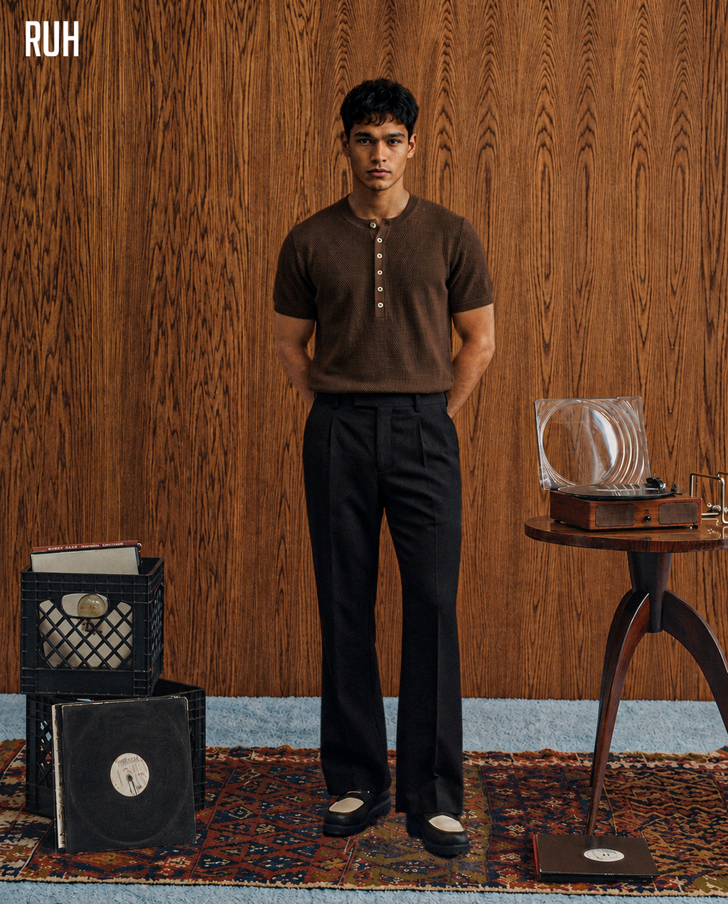 LONG BUTTON HENLEY SHIRT - BROWN