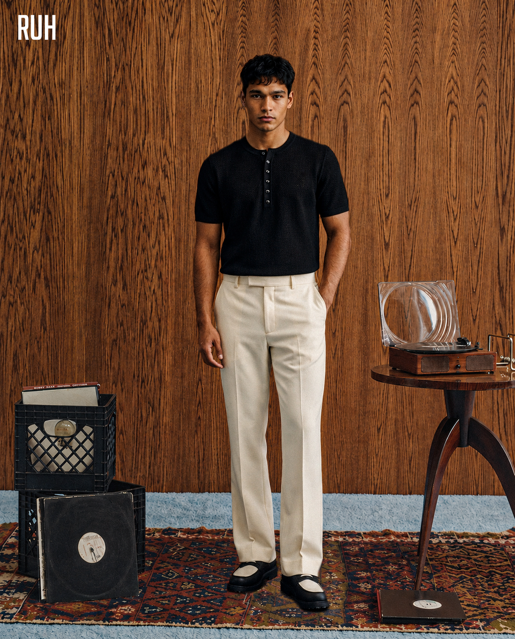 LONG BUTTON HENLEY SHIRT - BLACK