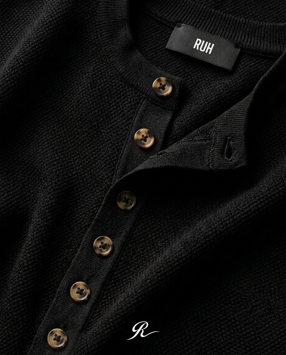 LONG BUTTON HENLEY SHIRT - BLACK