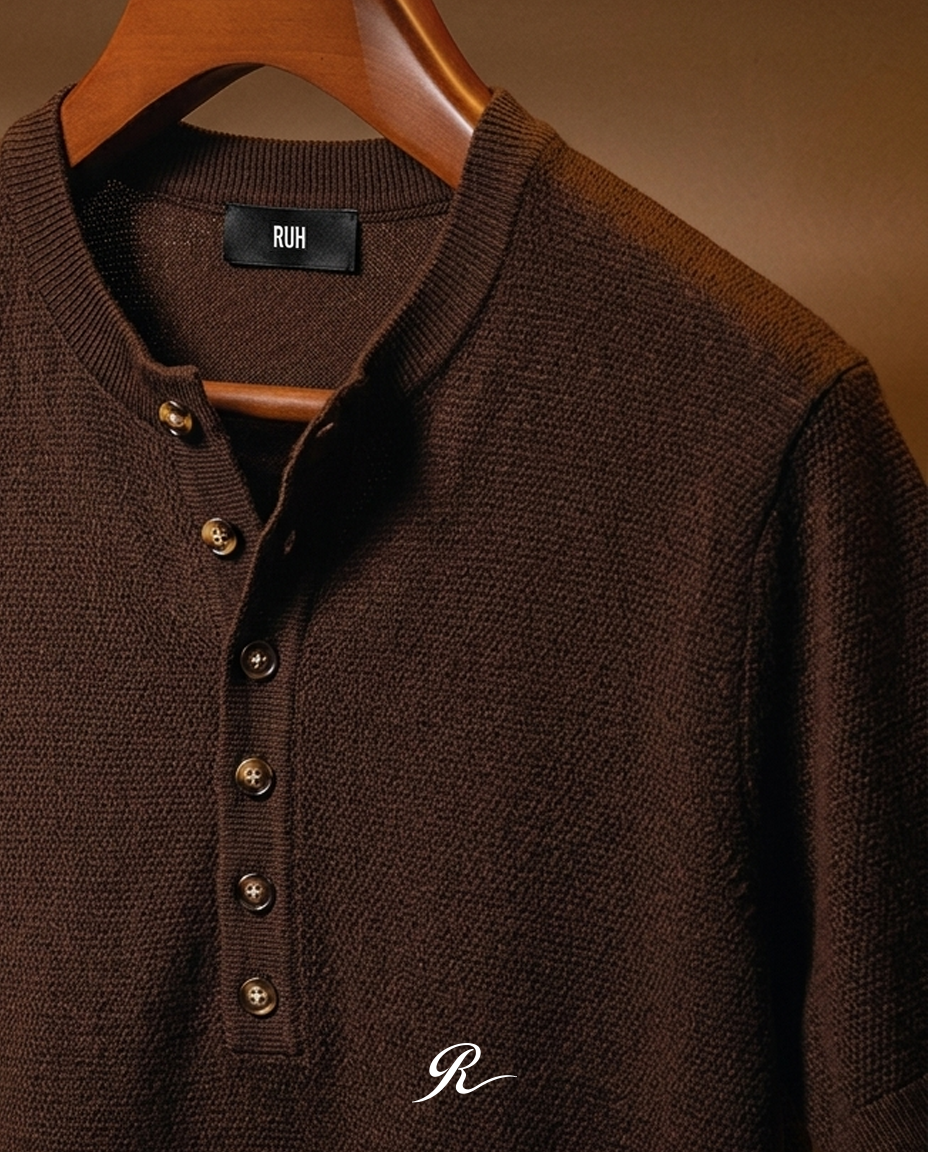 LONG BUTTON HENLEY SHIRT - BROWN