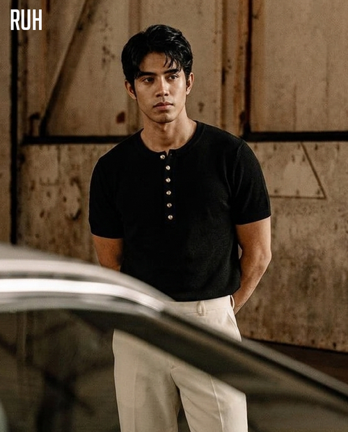 LONG BUTTON HENLEY SHIRT - BLACK