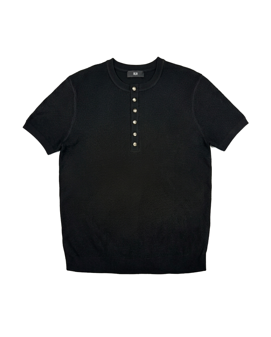 LONG BUTTON HENLEY SHIRT - BLACK
